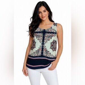 41 Hawthorn Small Boho Medallion Print Tank Top Sleeveless Blue Cream Blouse